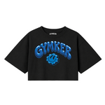 Crop top negro GYMKER Blue Smile con letras y carita sonriente azules en el frente.