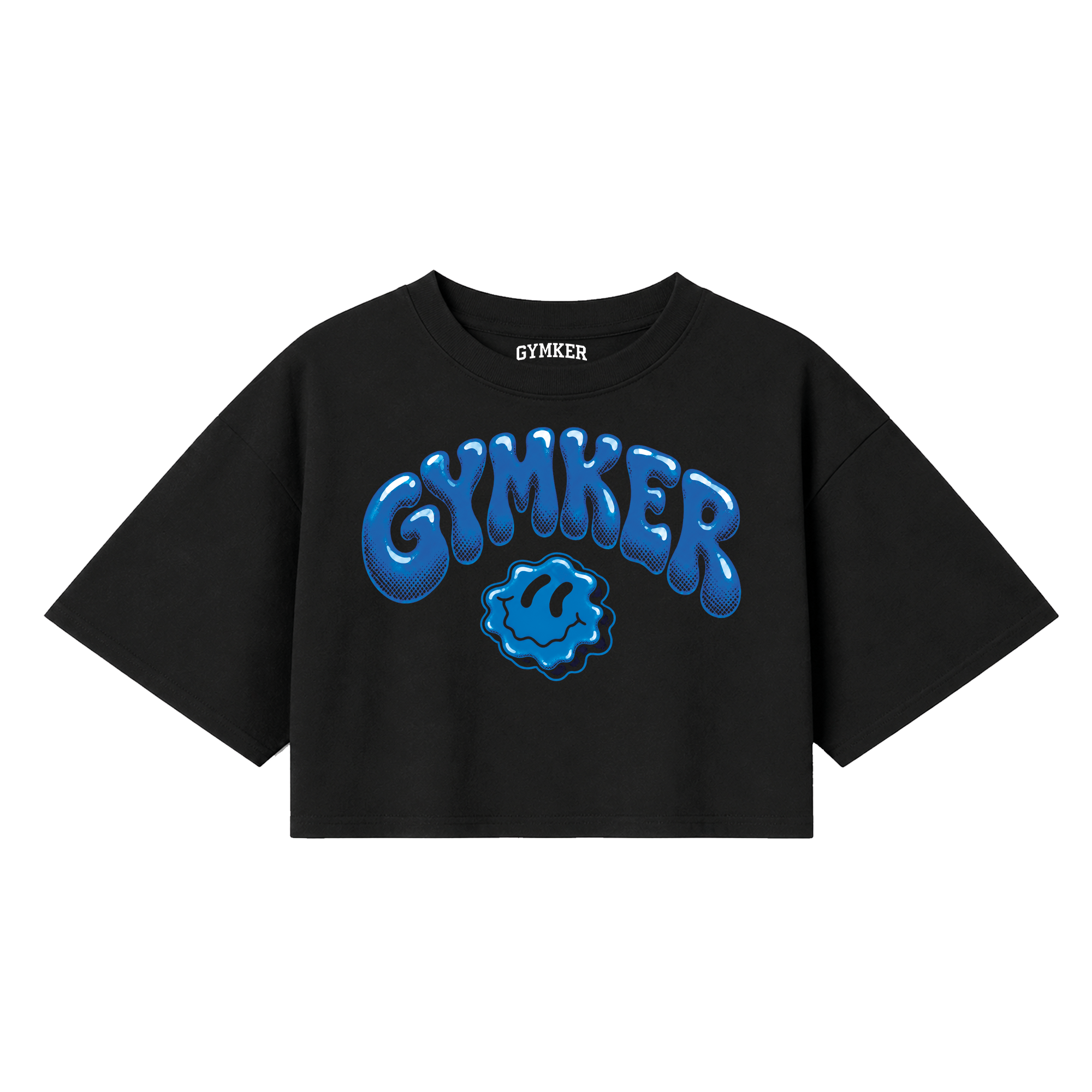 Crop top negro GYMKER Blue Smile con letras y carita sonriente azules en el frente.