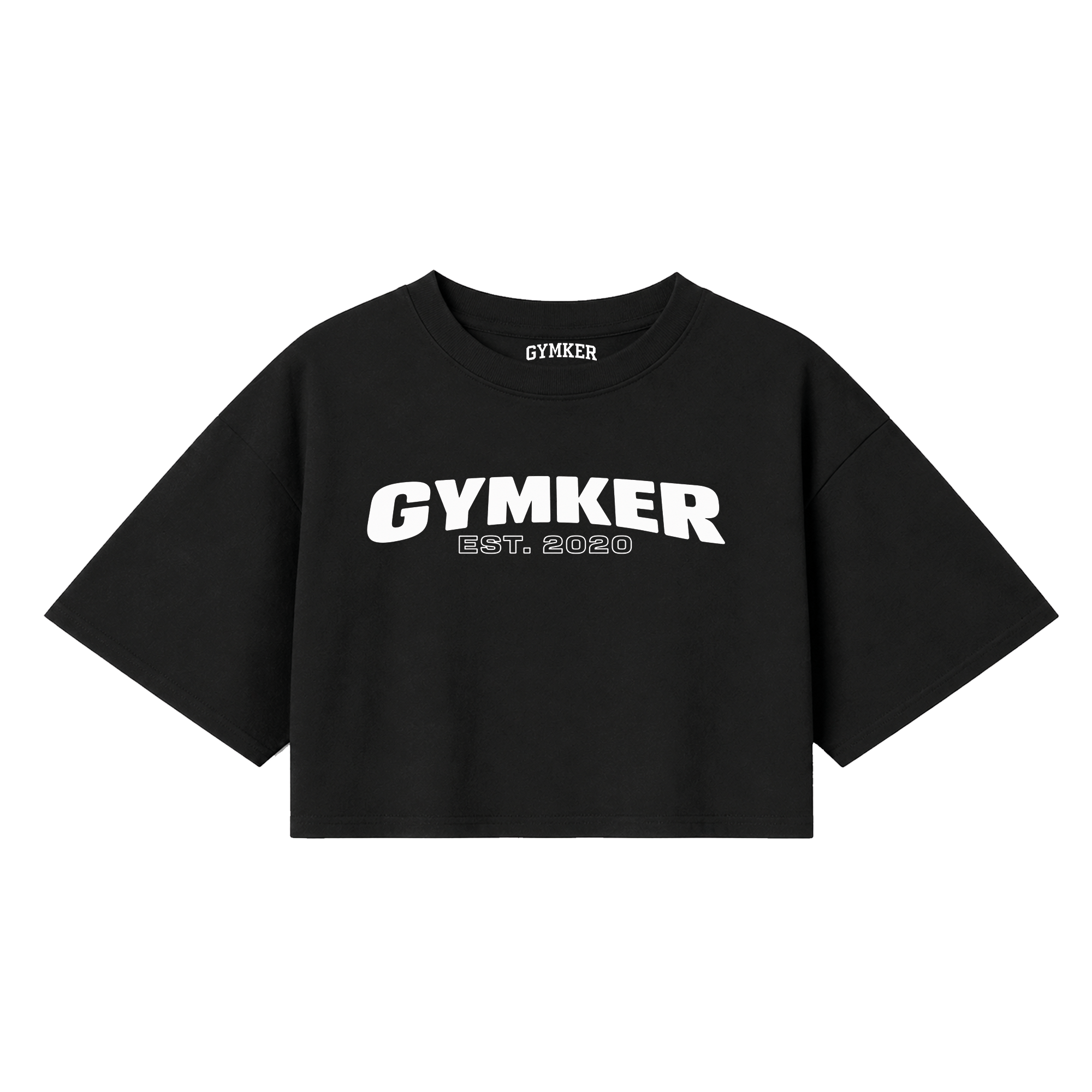 Frente de crop top negro con el logotipo blanco GYMKER EST. 2020.