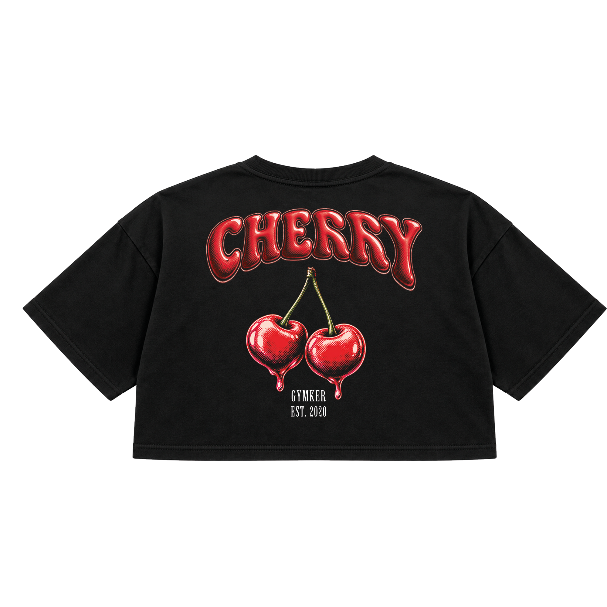 Espalda del crop top negro GYMKER Cherry con letras CHERRY y cerezas rojas.