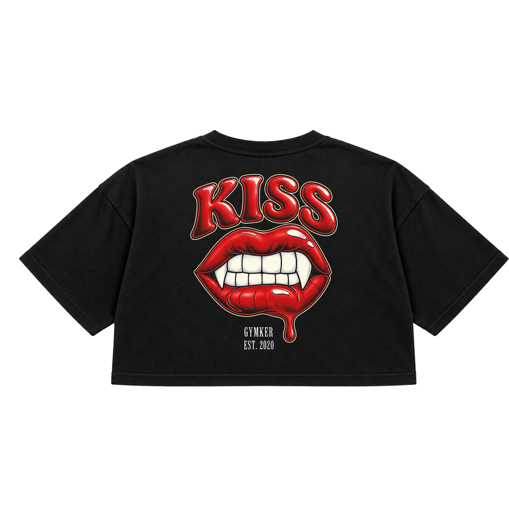 Espalda del crop top negro GYMKER Kiss con letras KISS y labios rojos con colmillos.