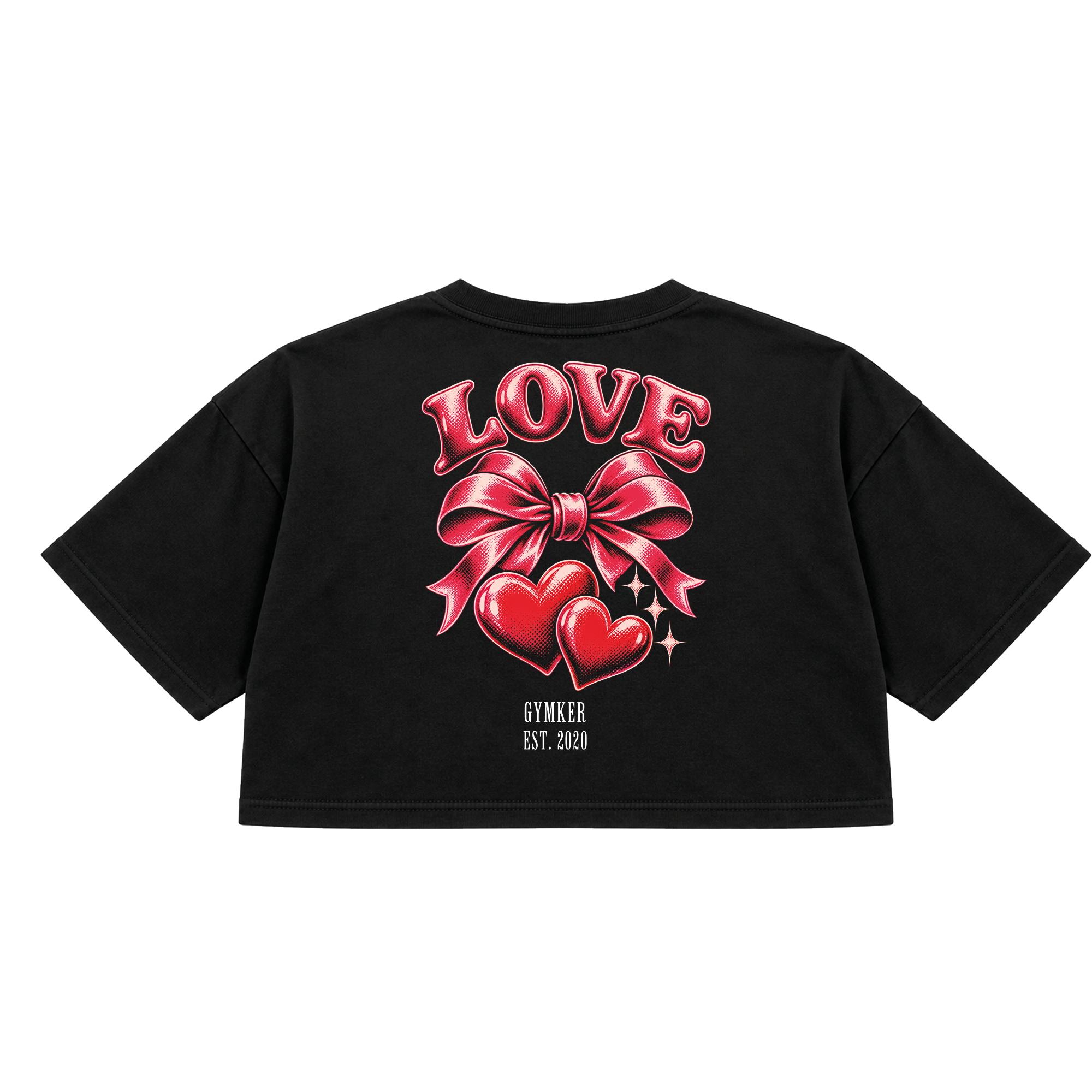Espalda del crop top negro GYMKER Love con letras LOVE, moño rojo y corazones.