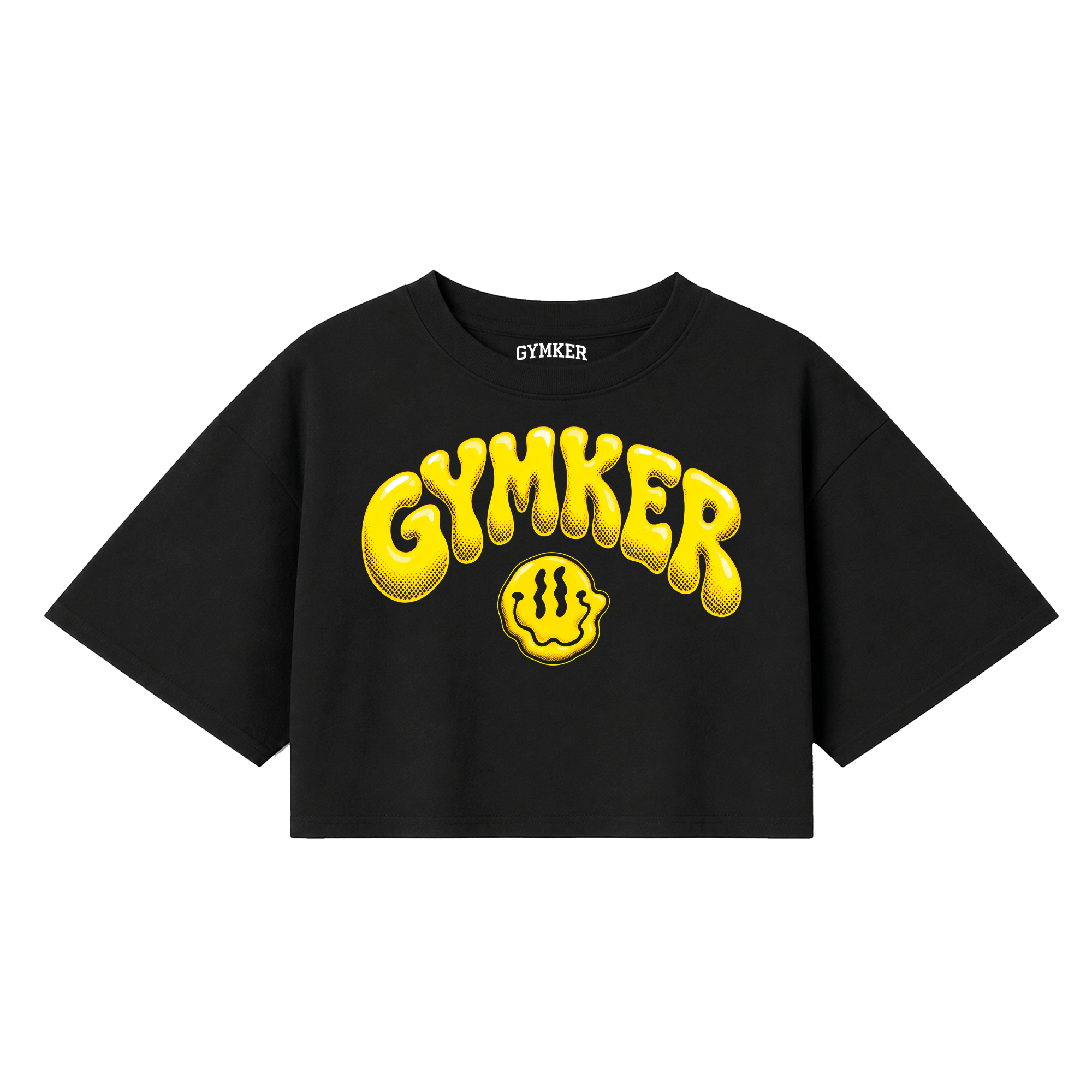 Crop top negro GYMKER Yellow Smile con letras y carita sonriente amarillas en el frente.