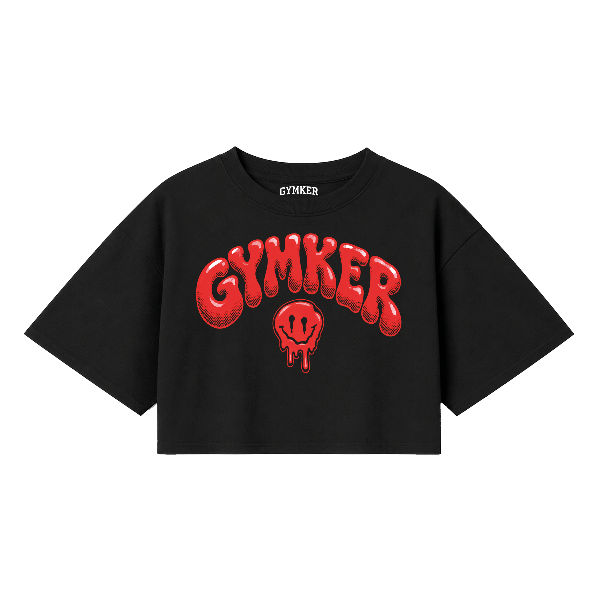 Crop top negro GYMKER Red Smile con letras y carita sonriente rojas en el frente.