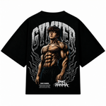 Playera oversize negra Baki Hanma de GYMKER, vista posterior con ilustración del personaje y letras GYMKER.