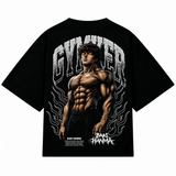 Playera oversize negra Baki Hanma de GYMKER, vista posterior con ilustración del personaje y letras GYMKER.