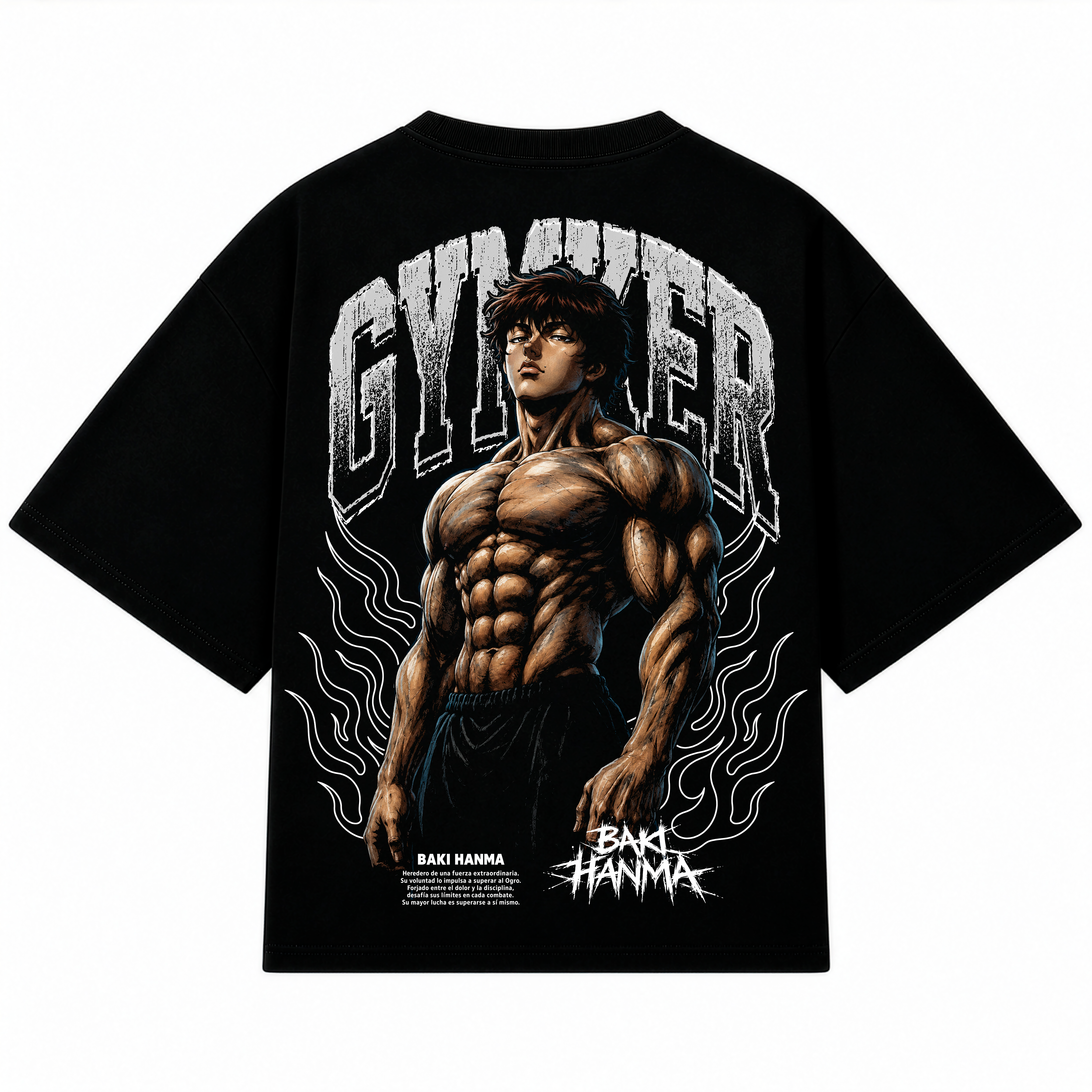 Playera oversize negra Baki Hanma de GYMKER, vista posterior con ilustración del personaje y letras GYMKER.
