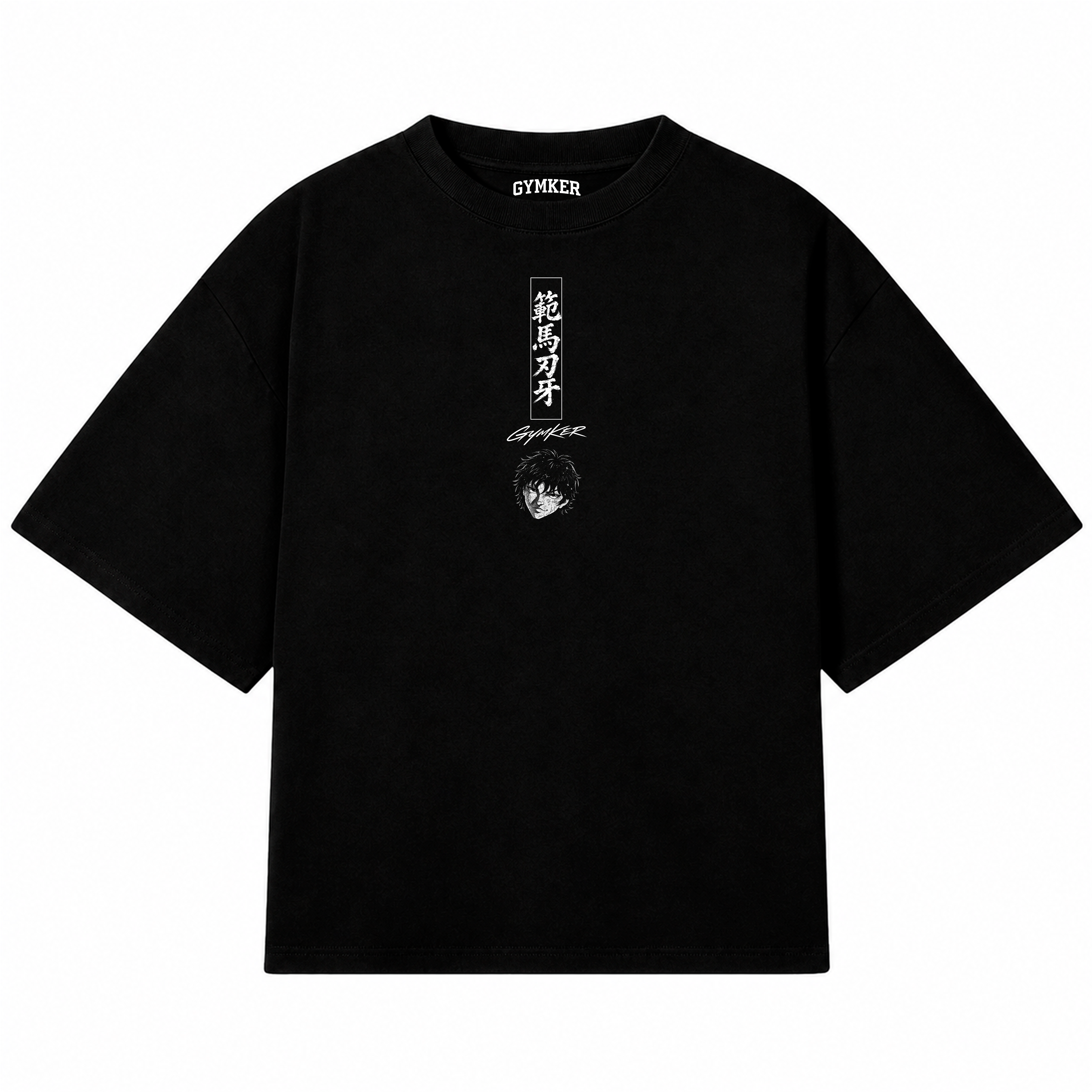 Playera oversize negra Baki Hanma de GYMKER, vista frontal con gráfico pequeño en el pecho.