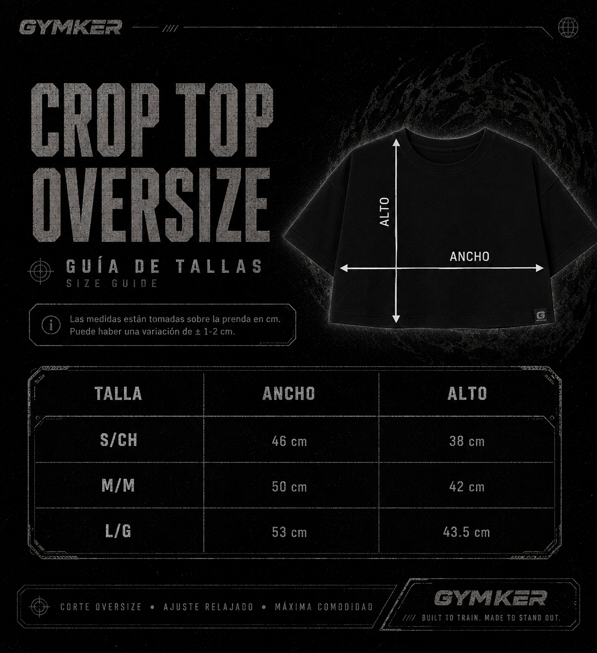 Guía de tallas GYMKER para crop top oversize: ancho y alto de las tallas S/CH, M/M y L/G.