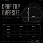 Guía de tallas GYMKER para crop top oversize: ancho y alto de las tallas S/CH, M/M y L/G.