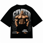 Playera oversize negra Jack Hanma de GYMKER, vista posterior con ilustración del personaje y letras GYMKER.