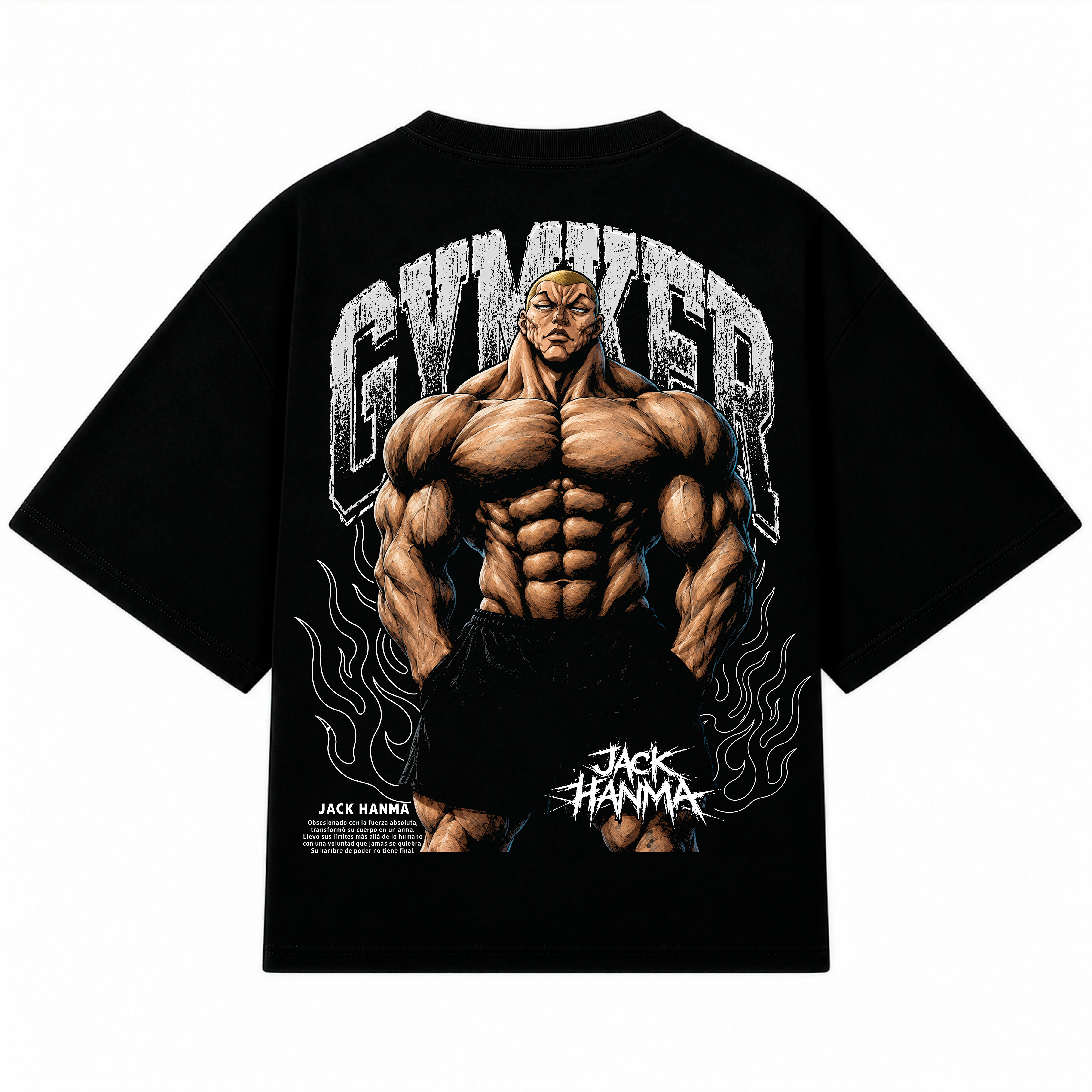 Playera oversize negra Jack Hanma de GYMKER, vista posterior con ilustración del personaje y letras GYMKER.