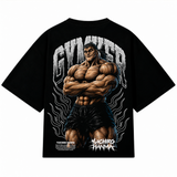 Playera oversize negra Yuichiro Hanma de GYMKER, vista posterior con ilustración del personaje y letras GYMKER.