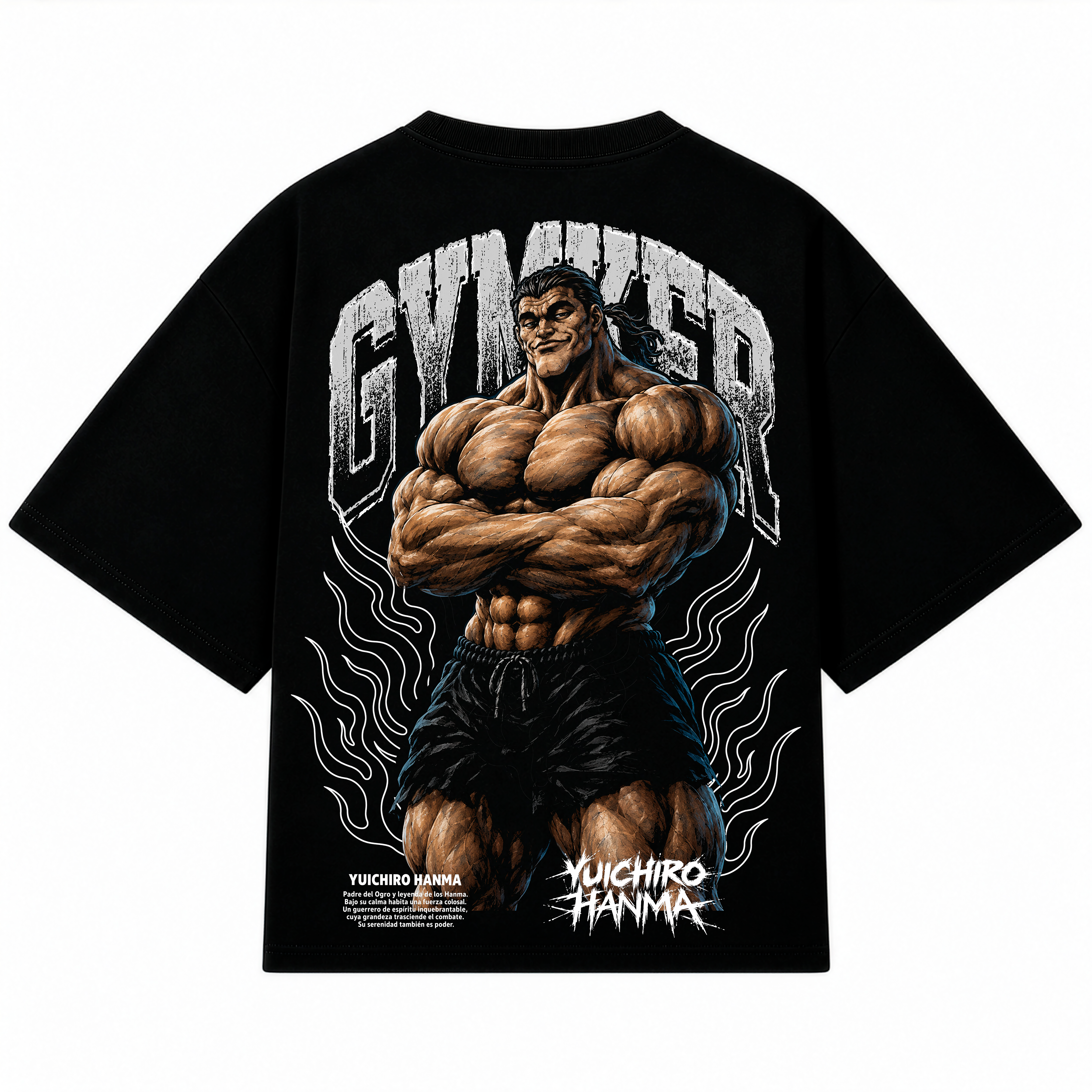 Playera oversize negra Yuichiro Hanma de GYMKER, vista posterior con ilustración del personaje y letras GYMKER.