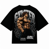 Playera oversize negra Yujiro Hanma de GYMKER, vista posterior con ilustración del personaje y letras GYMKER.