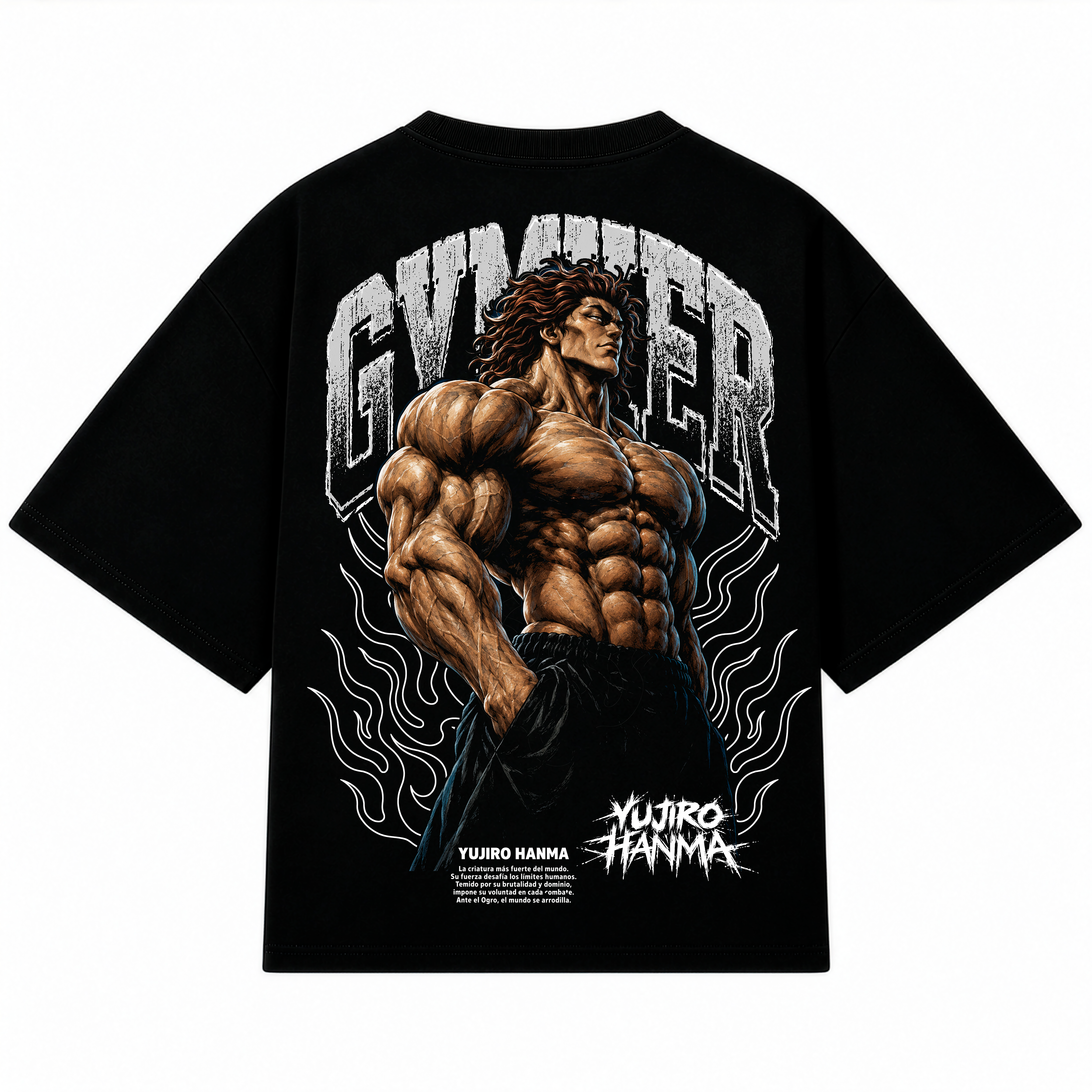Playera oversize negra Yujiro Hanma de GYMKER, vista posterior con ilustración del personaje y letras GYMKER.