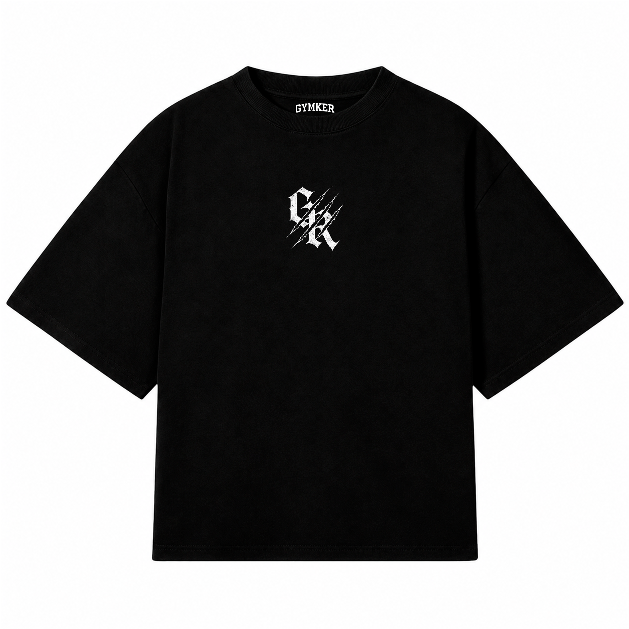 Frente común de las playeras oversize BEAST MODE GYMKER: playera negra con monograma blanco en el pecho.