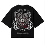 Playera oversize negra WOLF de BEAST MODE GYMKER, vista posterior con gráfico de lobo.