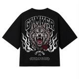 Playera oversize negra WOLF de BEAST MODE GYMKER, vista posterior con gráfico de lobo.
