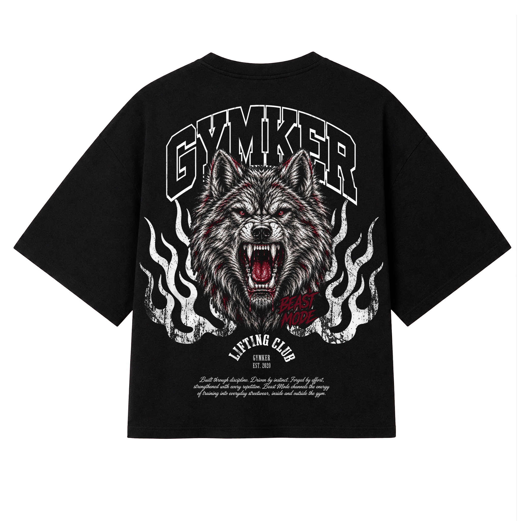 Playera oversize negra WOLF de BEAST MODE GYMKER, vista posterior con gráfico de lobo.
