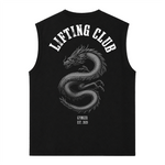 Tank Top Oversize GYMKER Lifting Club Dragón negra: espalda con dragón blanco y gris y texto Lifting Club