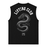 Tank Top Oversize GYMKER Lifting Club Dragón negra: espalda con dragón blanco y gris y texto Lifting Club