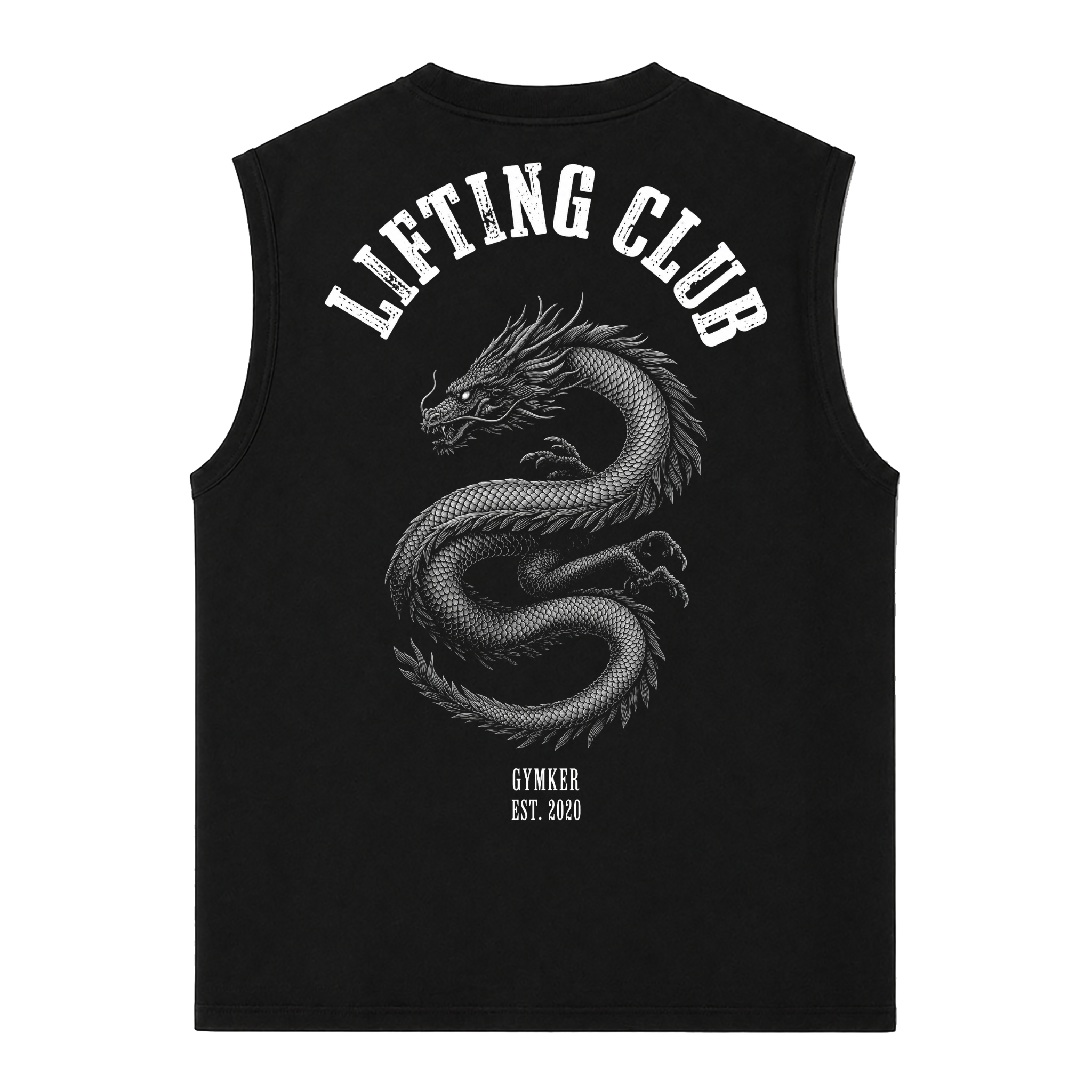 Tank Top Oversize GYMKER Lifting Club Dragón negra: espalda con dragón blanco y gris y texto Lifting Club