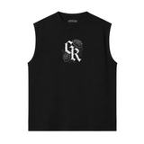 Tank Top Oversize GYMKER Lifting Club Dragón negra: frente con monograma GK blanco y rosas