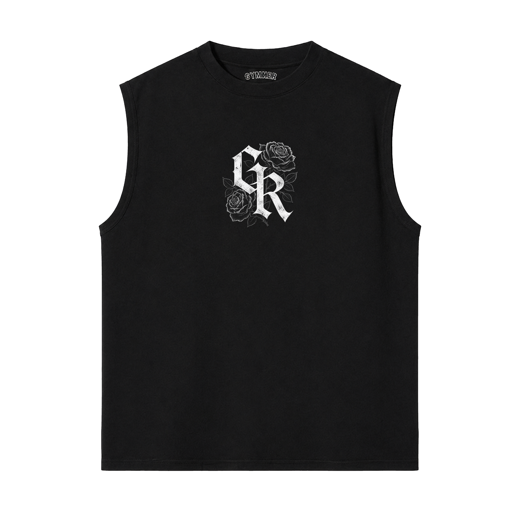 Tank Top Oversize GYMKER Lifting Club Dragón negra: frente con monograma GK blanco y rosas