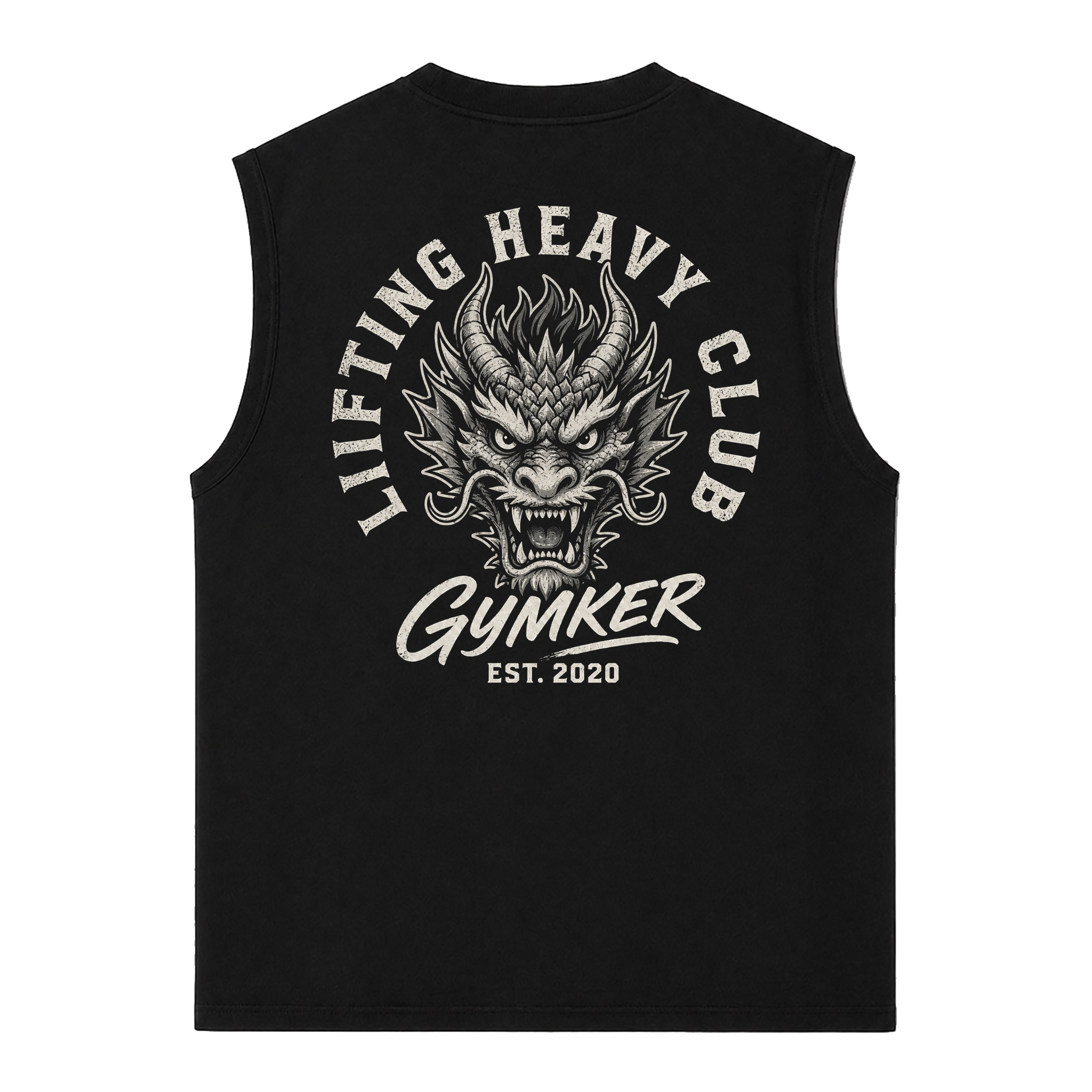 Tank Top Oversize GYMKER Lifting Heavy Club Dragón negra: espalda con cabeza de dragón, texto LIFTING HEAVY CLUB y firma GYMKER EST. 2020