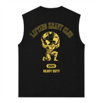 Tank Top Oversize GYMKER Lifting Heavy Club negra: espalda con figura cargando el mundo y estampado amarillo Heavy Duty
