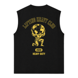 Tank Top Oversize GYMKER Lifting Heavy Club negra: espalda con figura cargando el mundo y estampado amarillo Heavy Duty