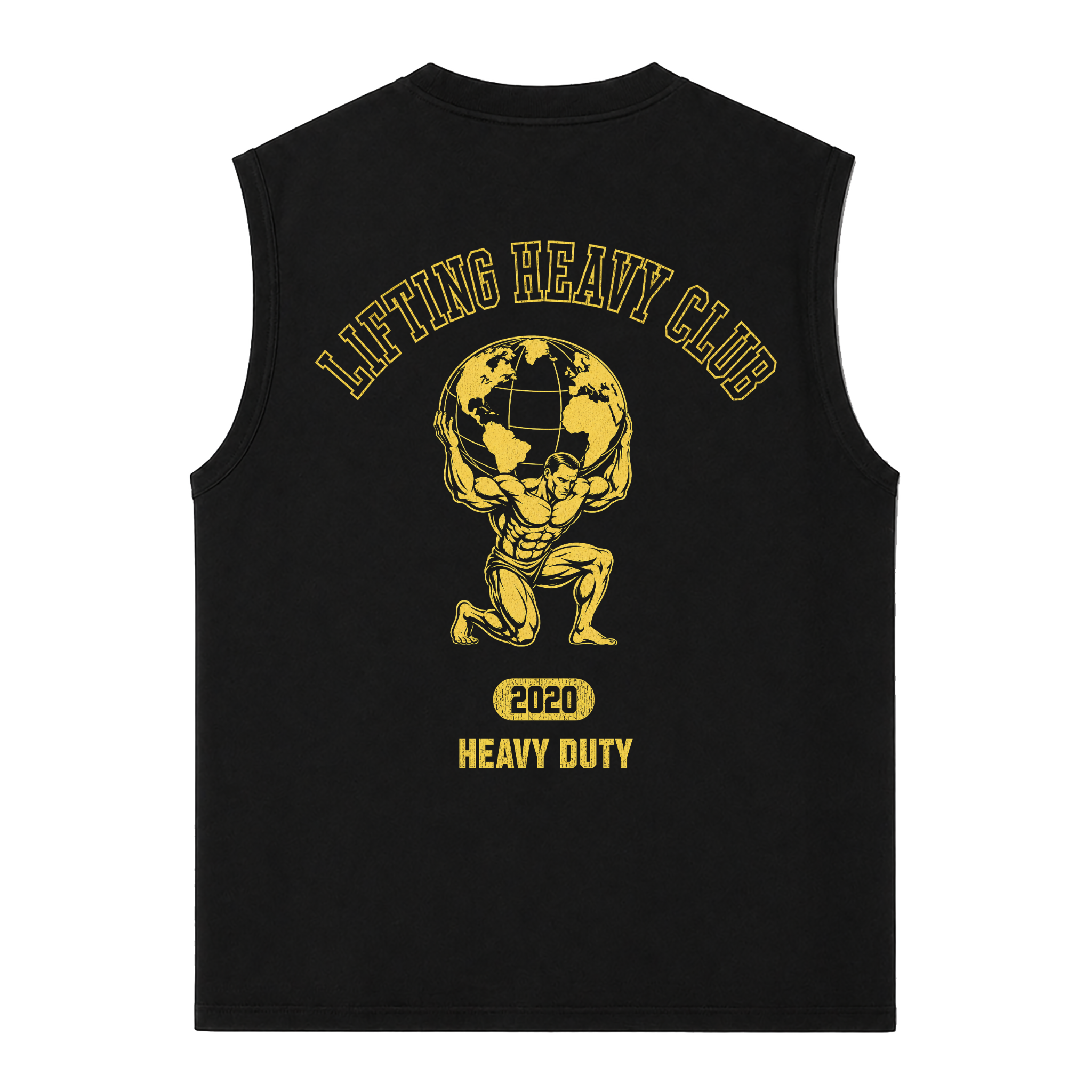 Tank Top Oversize GYMKER Lifting Heavy Club negra: espalda con figura cargando el mundo y estampado amarillo Heavy Duty