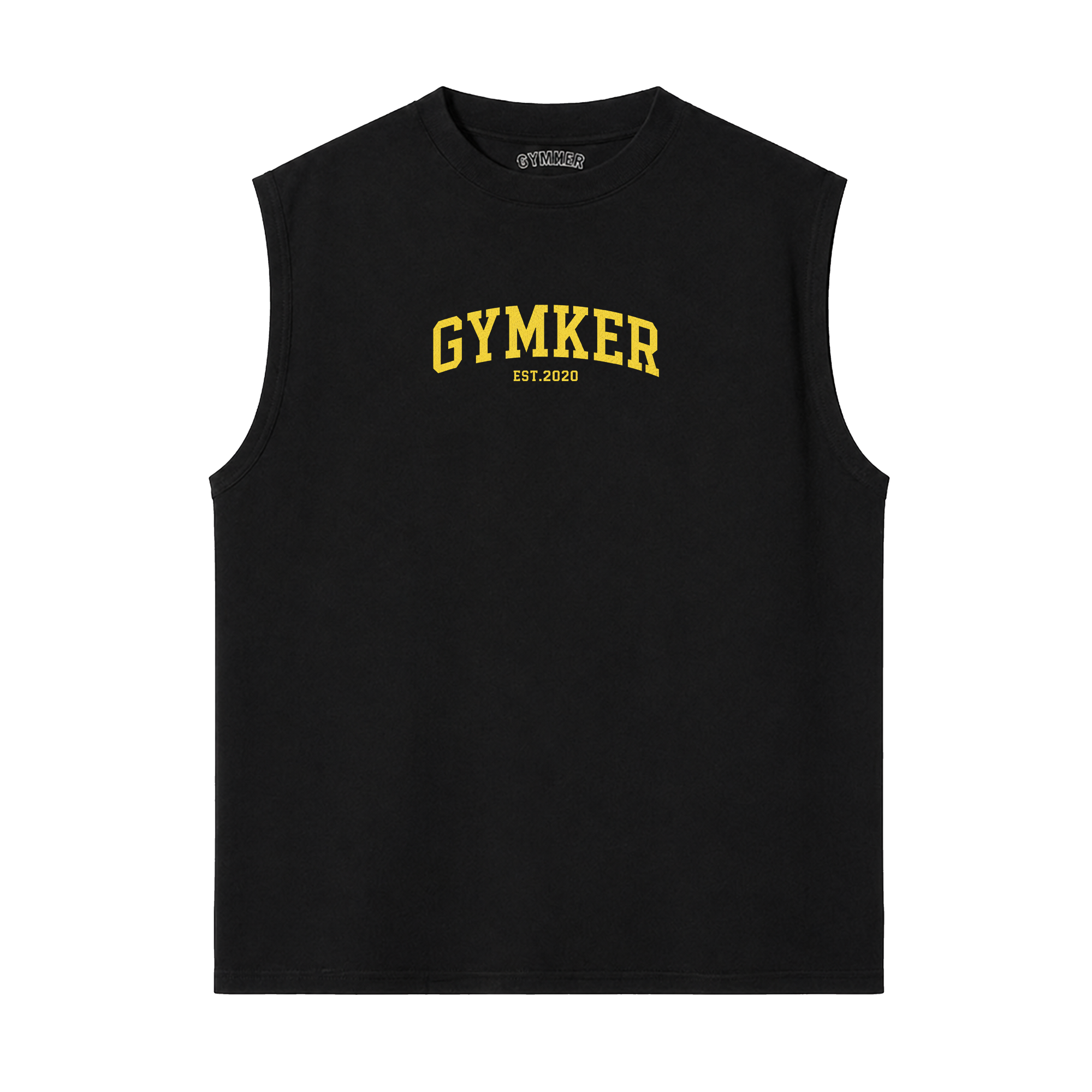 Tank Top Oversize GYMKER Lifting Heavy Club negra: frente con logotipo amarillo GYMKER EST. 2020
